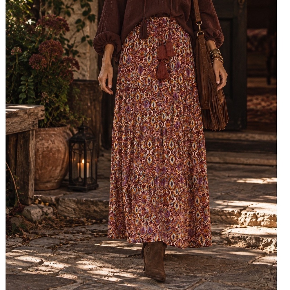Dress Forum Maxi Skirt Womens sz M Boho Fall Practical Magic Phoebe Tassel Ikat